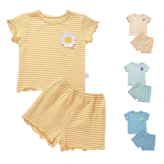 ZXLBBD Girls' Casual Summer Outfits Fashion Print Short Sleeve Top and Shorts Comfy 2 Piece Playwear for Toddler and Kids Clothes Sets,Yellow,Size 5 Y-6 Y