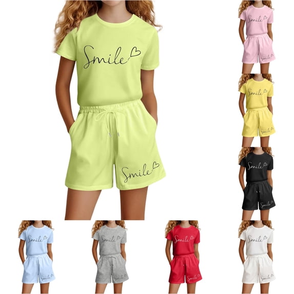 ZXLBBD Girls Children Kids Summer Casual Short Sleeve Letter Graphic Tee Shirts Top Shorts Set with Pockets Fashion Casual Outdoor Clothes Sets,Green,Size 3 Y-4 Y