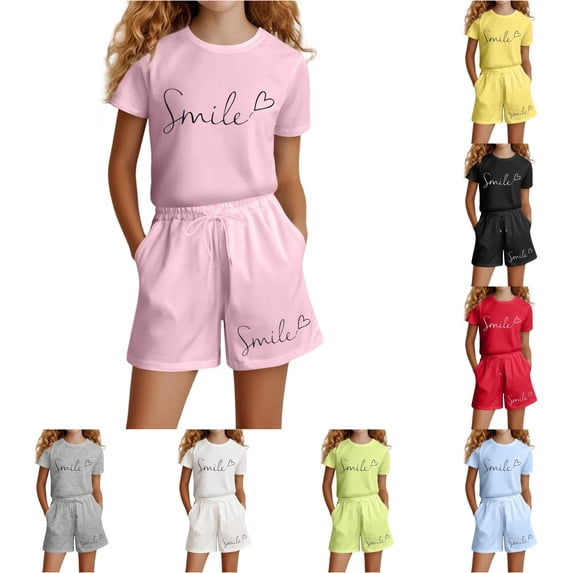 ZXLBBD Girls Children Kids Summer Casual Short Sleeve Letter Graphic Tee Shirts Top Shorts Set with Pockets Fashion Casual Outdoor Clothes Sets,Light Pink,Size 11 Y-12 Y