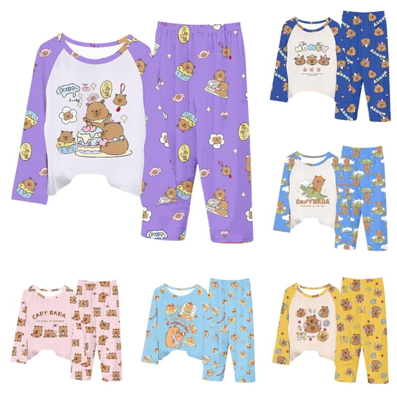 ZXLBBD Girls' Cute Anime Print Long Sleeve Pajama Soft Loungewear for Kids Sleepwear 2 Piece Outfit for Girl Nightwear Clothing Sets,Purple,Size 7 Y-8 Y