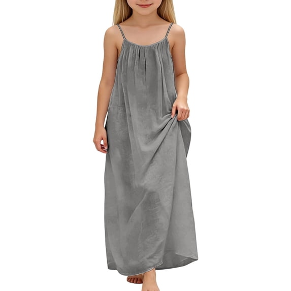 ZXLBBD Girls Dresses Solid Color Backless Straps Comfort Cozy Soft Summer Beach Sundress Homewear for Toddler and Kids Casual Long Dress