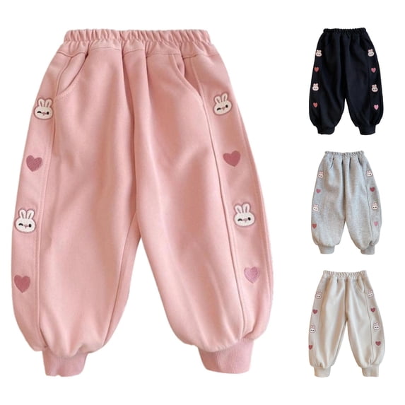 ZXLBBD Girls Elastic Waist Knit Cartoon Embroider Lightweight Joggers Sweatpants for Little Kids Fall Comfort Fashion Causal Daily Wear,Pink,Size 4 Y-5 Y