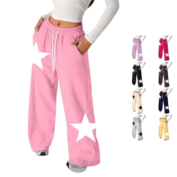 ZXLBBD Girls' Elastic Waist Star Print Straight Leg Jogger Baggy Sweatpants for Kids Youth Cozy Sports Streetwear Durable Casual Outdoor,Pink,Size 11 Y-12 Y