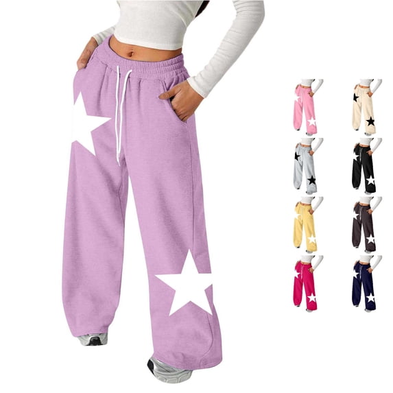 ZXLBBD Girls Elastic Waist Star Print Straight Leg Jogger Baggy Sweatpants for Kids Youth Cozy Sports Streetwear Durable Causal Daily Wear,Purple,Size 11 Y-12 Y