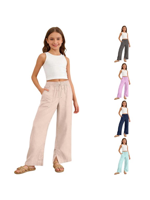 Girls' Elastic Waisted Solid Color Split Hem Casual Pants for Kids Soft Everyday Comfort Fit Durable Casual Outdoor,Beige,Size 5 Y-6 Y