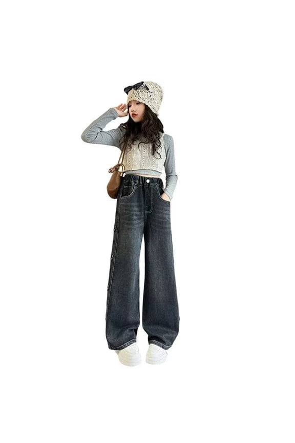 Girls' Elastic Waisted Straight Leg Jeans with Heart Details Wide Leg Denim Pants for Big Kids Fall Versatile Causal Daily Wear,Black,Size 8 Y-9 Y