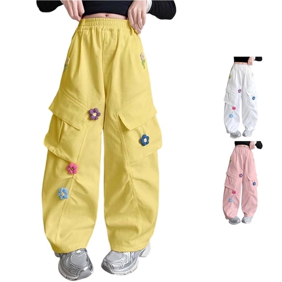 ZXLBBD Girls' Elastic Waisted Wide Leg Cargo Pants with 3D Floral Embroidery Loose Fit Trousers for Kids Fashion Causal Daily Wear,Yellow,Size 9 Y-10 Y