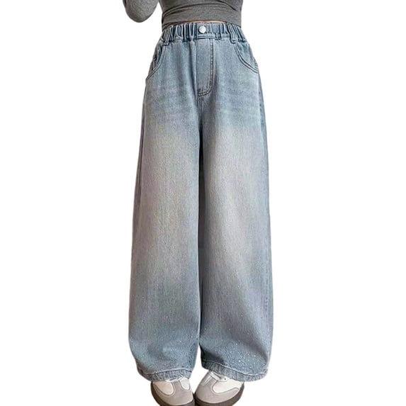 ZXLBBD Girls Elastic Waisted Wide Leg Denim Pants with Rhinestone Embroidery Trousers for Kids Youth Fall Fashion Casual Outdoor,Blue,Size 11 Y-12 Y