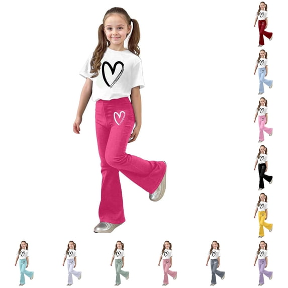 ZXLBBD Girls' Fall Outfits with Bow Print and Flared Pants 2 Piece Toddler Kids Casual Loose Fit Outdoor Activities Clothing Sets,Hot Pink,Size 11 Y-12 Y