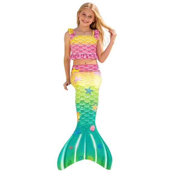 ZXLBBD Girls Fish Tail Three Piece Swimsuit Princess Sleeveless Bikini Top Bathing Suit for Beach Pool Trip Summer Holiday Swimwear Size 11 Y-12 Y