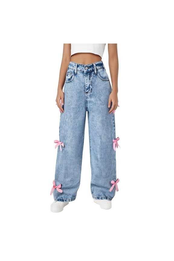 Girls Jeans Wide Leg Baggy Denim Pants High Elastic Waisted Cute Bow Trousers Kids Streetwear Casual Loose Fit Outdoor Daily Wear Size 10 Y-11 Y