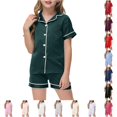 thumbnail image 1 of ZXLBBD Girls' Little Baby Pajamas Set Silk Kids Short Sleeves Sleepwear 2 Piece Button Down Classic Fit Loungewear Shorts Clothes Sets,Dark Green,Size 10 Y-11 Y, 1 of 4