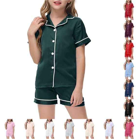 ZXLBBD Girls' Little Baby Pajamas Set Silk Kids Short Sleeves Sleepwear 2 Piece Button Down Classic Fit Loungewear Shorts Clothes Sets,Dark Green,Size 10 Y-11 Y