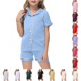 thumbnail image 1 of ZXLBBD Girls' Little Baby Pajamas Set Silk Kids Short Sleeves Sleepwear 2 Piece Button Down Classic Fit Loungewear Shorts Clothes Sets,Light Blue,Size 12 Y-13 Y, 1 of 4