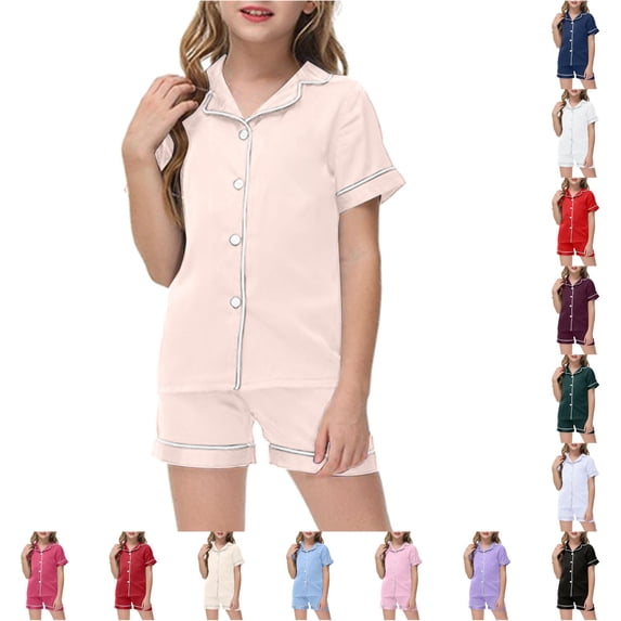 ZXLBBD Girls' Little Baby Pajamas Set Silk Kids Short Sleeves Sleepwear 2 Piece Button Down Classic Fit Loungewear Shorts Clothes Sets,Rose Gold,Size 6 Y-7 Y