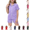 thumbnail image 1 of ZXLBBD Girls' Little Baby Pajamas Set Silk Kids Short Sleeves Sleepwear 2 Piece Button Down Classic Fit Loungewear Shorts Clothing Sets,Light Purple,Size 4 Y-5 Y, 1 of 4
