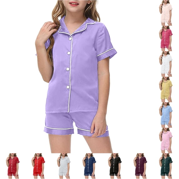 ZXLBBD Girls' Little Baby Pajamas Set Silk Kids Short Sleeves Sleepwear 2 Piece Button Down Classic Fit Loungewear Shorts Clothing Sets,Light Purple,Size 4 Y-5 Y