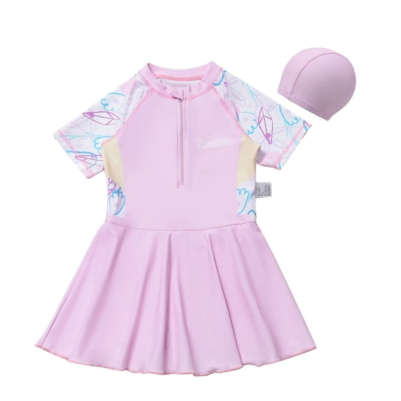 ZXLBBD Girls Princess Style One Piece Skirted Swimsuit Blush Pink UV Protection Short Sleeve Bathing Suit Sun Protection for Big Kids Beach Pool Swimwear Size 4 Y-5 Y