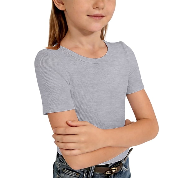 ZXLBBD Girls Ribbed Knit Short Sleeve Crewneck Solid Color Basic Tops for Toddler Kids Blouse Top Versatile Casual School Wear