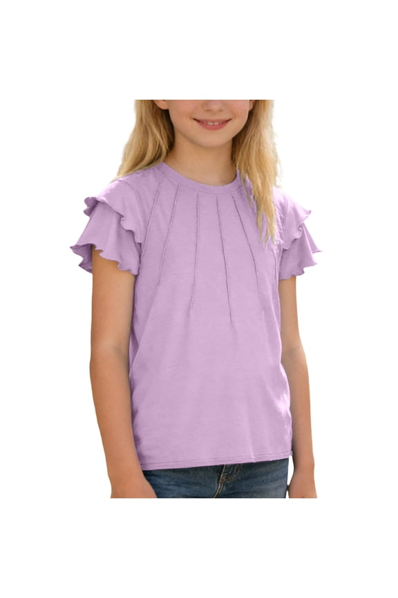 Girls Shirts Casual Top with Ruffle Hem and Pull String Detail Solid Color Short Sleeve Everyday Wear Summer Tees Tops