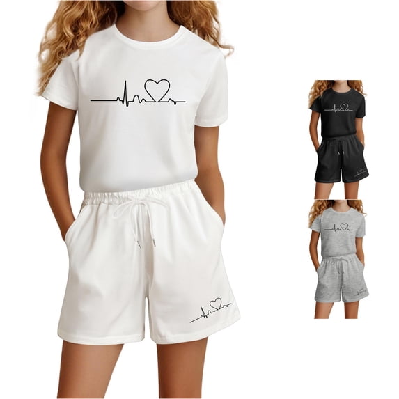 ZXLBBD Girls Shorts Set Letter Graphic Short Sleeve Tee Shirts and Bottoms with Pockets Soft Comfort Casual Summer Outdoor Clothing Sets,White,Size 9 Y-10 Y