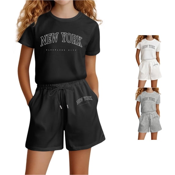 ZXLBBD Girls' Shorts Set Letter Print Short Sleeve Basic Tee Shirts and Shorts Soft Casual Breathable Summer Outdoor Fashion Clothes Sets,Black,Size 7 Y-8 Y