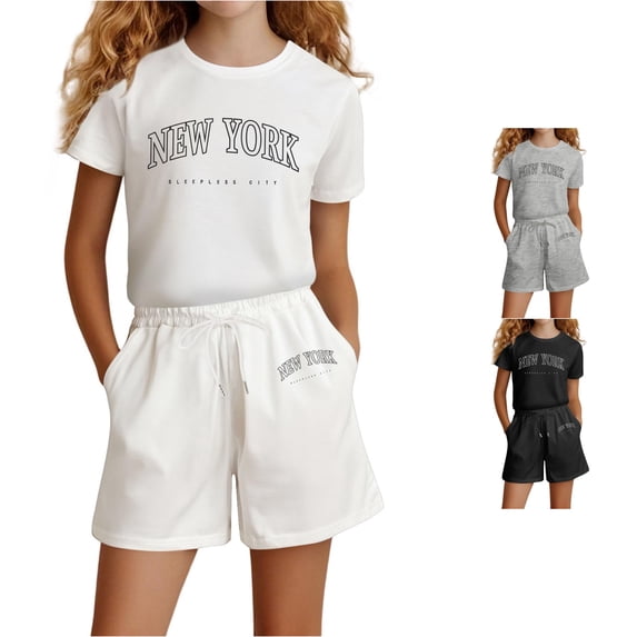 ZXLBBD Girls Shorts Set Letter Print Short Sleeve Basic Tee Shirts and Shorts Soft Casual Breathable Summer Outdoor Fashion Clothing Sets,White,Size 4 Y-