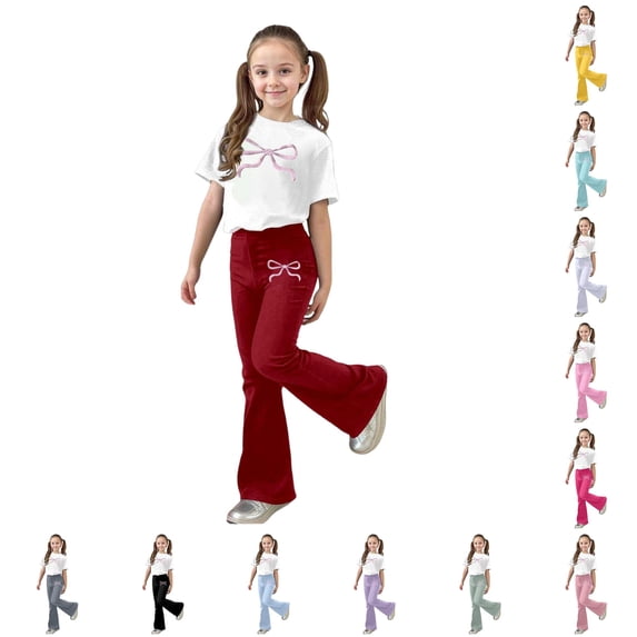 ZXLBBD Girls Stylish Casual Outfit with Bow Print and Flared Leg Pants 2 Piece Toddler Comfy Loose Fit Daily Wear Clothes Sets,Brick Red,Size 5 Y-6 Y