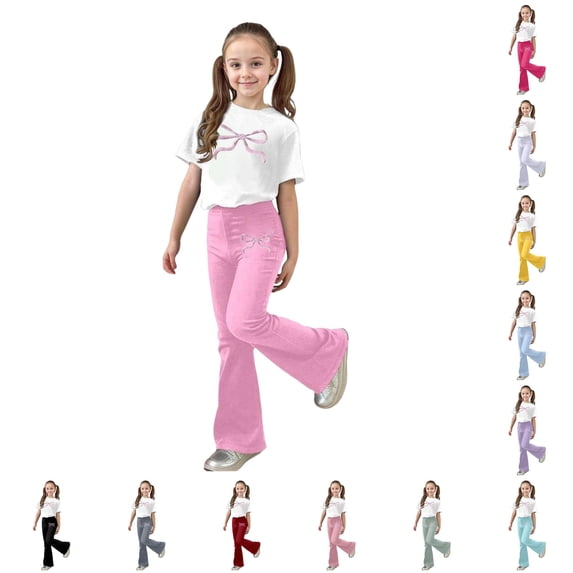 ZXLBBD Girls' Stylish Casual Outfit with Bow Print and Flared Leg Pants 2 Piece Toddler Comfy Loose Fit Daily Wear Clothes Sets,Pink,Size 11 Y-12 Y