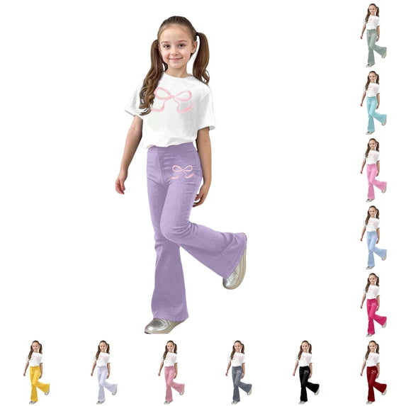 ZXLBBD Girls' Stylish Casual Outfit with Bow Print and Flared Leg Pants 2 Piece Toddler Comfy Loose Fit Daily Wear Clothes Sets,Purple,Size 9 Y-10 Y