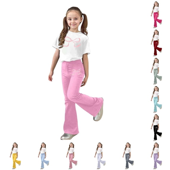 ZXLBBD Girls Stylish Casual Outfit with Bow Print and Flared Leg Pants 2 Piece Toddler Comfy Loose Fit Daily Wear Clothing Sets,Pink,Size 11 Y-12 Y