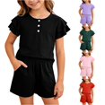 thumbnail image 1 of ZXLBBD Girls Summer 2 Piece Outfit Ruffled Short Sleeved Button Down Shirt and Shorts Solid Color Casual Loose Fit Daily Wear Clothing Sets,Black,Size 11 Y-12 Y, 1 of 4