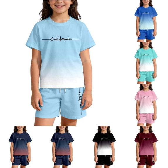 ZXLBBD Girls' Summer Letter Print Gradient Print Outfit for Kids Short Sleeve Design Casual Outdoor Ensemble Clothes Sets,Light Blue,Size 11 Y-12 Y