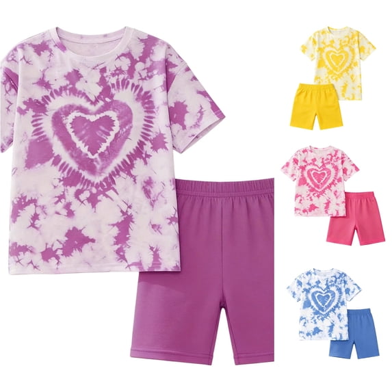 ZXLBBD Girls' Summer Outfits 2 Piece Short Sleeve Top and Shorts Casual Playwear Soft Comfortable Daily Wear Toddler Kids Clothing Sets,Purple,Size 7 Y-8 Y