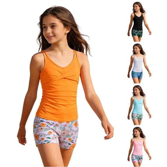 ZXLBBD Girls Swimsuit 2 Piece Toddler Swimsuit Girl Kids Ruched Slim Fit Tankini Top and Shorts Lightweight Vacation Outfit Casual Beach Pool,Orange,13 Y-14 Y