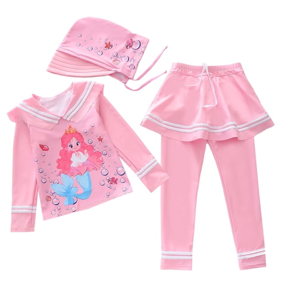 ZXLBBD Girls Swimsuit 3 Piece Long Sleeved Rash Guard with Cute Printed Skirts Pants Breathable Holiday Surfing