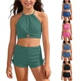 thumbnail image 1 of ZXLBBD Girls Swimsuit Halter Neck Hollow Design Solid Color Tankini Top and Shorts 2 Piece Swimwear Summer Vacation Outfit Casual Beach Pool,Mint Green,14 Y-15 Y, 1 of 7