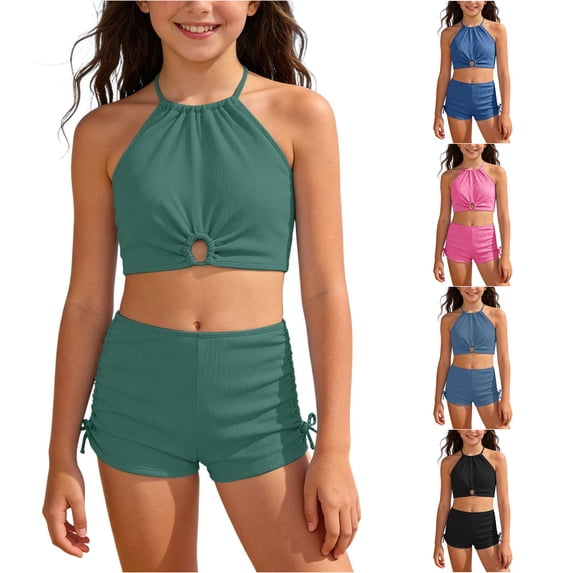 ZXLBBD Girls Swimsuit Halter Neck Hollow Design Solid Color Tankini Top and Shorts 2 Piece Swimwear Summer Vacation Outfit Casual Beach Pool,Mint Green,14 Y-15 Y