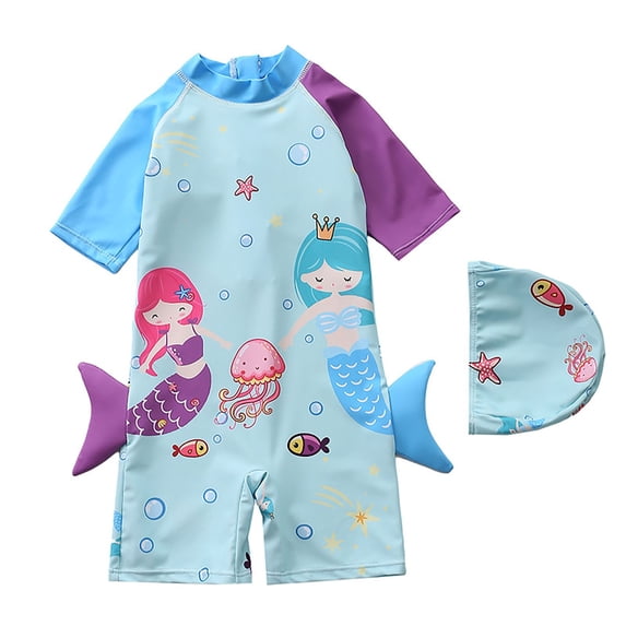 ZXLBBD Girls Swimsuit Baby Short Sleeve Cartoon Printed Rash Guard with Swim Cap for Toddler Kids Lightweight Holiday Surfing
