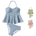 thumbnail image 1 of ZXLBBD Girls Swimsuit Ribbed Textured Ruffle Halter Neck Tankini and Bottom 2 Piece Swimsuit for Children Kids Casual Outdoor Beach,Sky Blue,13 Y-14 Y, 1 of 6