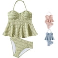 thumbnail image 1 of ZXLBBD Girls Swimsuit Ribbed Textured Ruffle Halter Neck Tankini and Bottom 2 Piece Swimsuit for Children Kids Casual Beach Pool,Green,7 Y-8 Y, 1 of 6