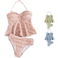 thumbnail image 1 of ZXLBBD Girls Swimsuit Ribbed Textured Ruffle Halter Neck Tankini and Bottom 2 Piece Swimsuit for Children Kids Casual Beach Pool,Pink,9 Y-10 Y, 1 of 6