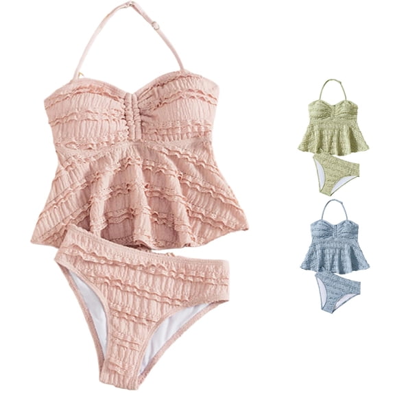ZXLBBD Girls Swimsuit Ribbed Textured Ruffle Halter Neck Tankini and Bottom 2 Piece Swimsuit for Children Kids Casual Beach Pool,Pink,9 Y-10 Y