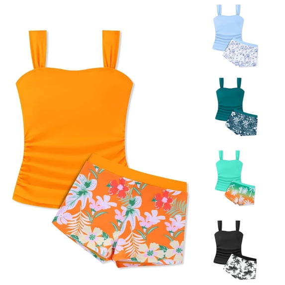 ZXLBBD Girls Swimsuit Summer 2 Piece Swimwear Sleeveless Slim Fit Cropped Tankini Top and Floral Print Shorts Vacation Outfit Casual Beach Outdoor,Orange,12 Y-13 Y