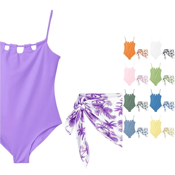 ZXLBBD Girls Swimsuit Summer Strappy Hollow Out Breathable One Piece Swimsuit for Kids with Skirt Cover Up 2 Piece Swimwear Casual Beach Pool,Dark Purple,9 Y-10 Y