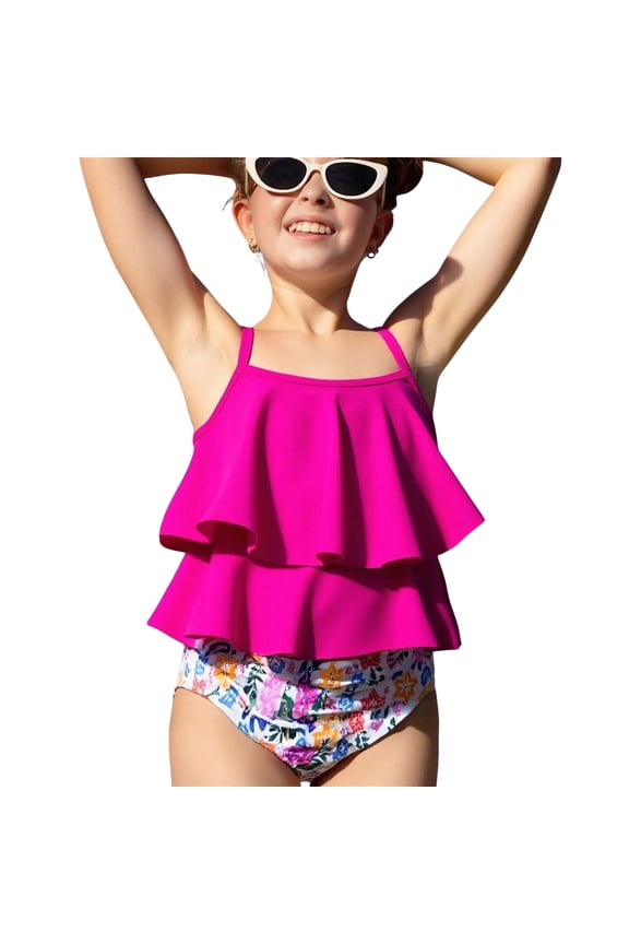 Girls Swimsuits Big Kids Two Piece Bikini Swimsuit Ruffles Trim Fashion Bathing Suit Sun Protection for Beach Pool Summer Vacation Holiday Swimwear Size 8 Y-9 Y