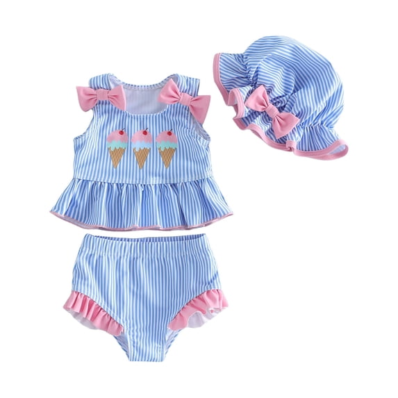 ZXLBBD Girls' Swimwear Baby Toddler Bathing Suit Stripe Bikini Set with Sun Hat Three Piece Swim Wear Stretchy Vacation Outfit