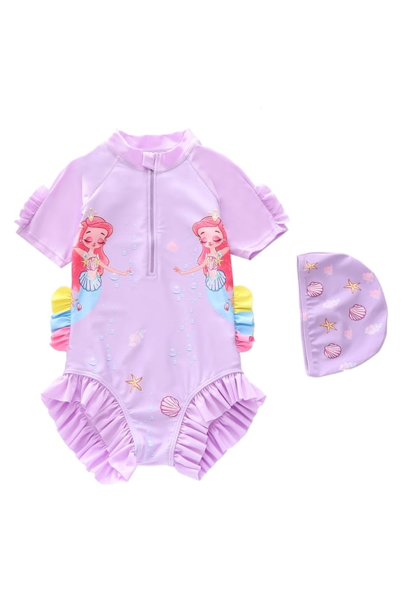 Girls' Swimwear Quick Drying Long Sleeve Ruffled Cute Cartoon Printed Rash Guard for Toddlers Kids Breathable Summer Beachwear