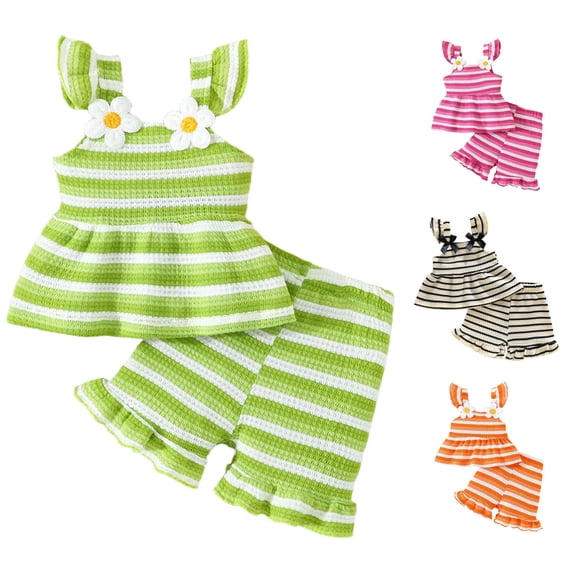 ZXLBBD Girls' Toddler Baby Kids Striped Print Camisole Top and Lace Shorts Cute Daily Outfit Casual 2 Piece Summer Fall Clothing Sets,Green,Size 2 Y-3 Y