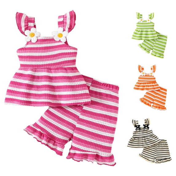 ZXLBBD Girls' Toddler Baby Kids Striped Print Camisole Top and Lace Shorts Cute Daily Outfit Casual 2 Piece Summer Fall Clothing Sets,Hot Pink,Size 18 M-24 M